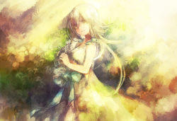 1girl bare_shoulders bow dress faux_traditional_media female_focus flower green_eyes light long_hair nier nier_(series) open_mouth ribbon rona_(ronarianor) smile solo sundress white_hair yonah