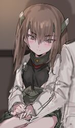 1boy 1girl admiral_(kancolle) aogisa blush brown_eyes brown_hair closed_mouth commentary_request hair_between_eyes headband headgear hetero highres holding_hands jacket kantai_collection long_sleeves sitting sketch solo_focus taihou_(kancolle) white_jacket