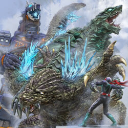 1boy antennae ass biting biting_another&#039;s_hand blue_eyes boots cannon charged_particle_cannon_earth_fire claws crossover dinosaur directed-energy_weapon earth_garon energy_cannon energy_weapon engi_(animation_studio) gamera gamera_(series) gamera_-rebirth- giant giant_monster giant_robot glowing glowing_cannon glowing_eyes glowing_mouth glowing_spikes glowing_weapon godzilla godzilla_(series) godzilla_minus_one green_boots green_eyes helmet igunuk kadokawa kaiju kamen_rider kamen_rider_1 mecha monster mouth_cannon multiple_crossover open_mouth particle-beam_weapon red_eyes roaring robot scarf sharp_teeth shin_kamen_rider spikes superhero_costume tail teeth toei_company toho tongue tsuburaya_productions turtle tusks ultra_series ultraman_blazar_(series) weapon yellow_eyes