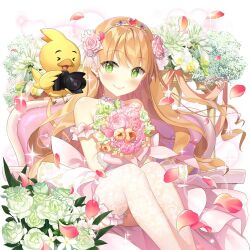 1girl baby_animal bird blonde_hair blunt_bangs camera chick choker closed_mouth dress flower frilled_choker frills green_eyes holding holding_flower lina_princella long_hair off-shoulder_dress off_shoulder piyokichi_(uchihime) rose salt_(salty) see-through_clothes see-through_thighhighs sitting thighhighs tiara uchi_no_hime-sama_ga_ichiban_kawaii very_long_hair wedding_dress white_choker white_flower white_rose