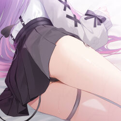1girl ass belt black_bow black_panties black_skirt black_tail bow cameltoe cardigan character_request demon_tail deyui fingernails from_behind highres hololive leg_tattoo long_hair long_sleeves lower_body lying multicolored_hair nail_polish on_side panties piercing pink_cardigan pink_hair pink_nails pleated_skirt purple_bow purple_hair pussy_juice shiny_skin shirt shirt_tucked_in skindentation skirt solo streaked_hair suspender_skirt suspenders sweat tail tail_ornament tail_piercing tattoo thigh_belt thigh_strap thighs tokoyami_towa tokoyami_towa_(jirai_kei) two-tone_hair underwear very_long_hair virtual_youtuber white_shirt wrist_bow