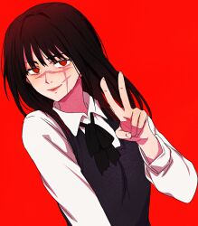 Rule 34 | 1girl, black bow, black bowtie, black hair, bow, bowtie, chainsaw man, closed mouth, commentary request, long hair, looking at viewer, ohiyaglass, red background, red eyes, scar, scar on face, shirt, simple background, solo, upper body, v, white shirt, yoru (chainsaw man)