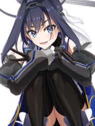 1girl black_gloves black_sleeves black_thighhighs blue_cape blue_eyes blue_hair bow bow_earrings cape crossed_wrists detached_sleeves earrings gloves hair_intakes hair_over_one_eye halo head_chain highres hololive hololive_english jewelry juliet_sleeves long_sleeves looking_at_viewer mechanical_halo narushi_sasu ouro_kronii ouro_kronii_(1st_costume) puffy_sleeves sailor_collar simple_background smile solo squatting thighhighs v veil virtual_youtuber white_background white_sailor_collar wispy_bangs