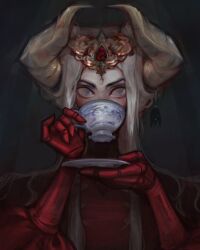 1girl armor armored_gloves blonde_hair commentary cup curled_horns double_bun dress drink drinking edelgard_von_hresvelg edelgard_von_hresvelg_(timeskip) english_commentary fake_horns fire_emblem fire_emblem:_three_houses greeneryfeels grey_background hair_bun hair_up hands_up headpiece highres holding holding_cup holding_plate horns indoors long_hair long_sleeves looking_at_viewer looking_to_the_side nintendo plate purple_eyes red_dress shade solo teacup teeth upper_teeth_only