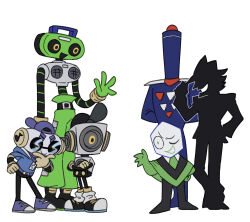 2others 4boys backwards_hat baggy_pants baseball_cap belt belt_buckle black_belt black_cloak black_hat blue_hat buckle buttons cap&#039;n_(deltarune) cloak crossed_arms deltarune elbow_gloves full_body furrowed_brow glasses gloves green_cloak green_necktie green_pants hand_on_headwear hand_on_own_hip happy hat highres inase_ak k_k_(deltarune) looking_at_another multiple_boys multiple_others musical_note musical_note_print necktie one_eye_closed opaque_glasses open_mouth pants pippins_(deltarune) pointy_nose radio round_eyewear shadowguy_(deltarune) simple_background smile standing sunglasses sweet_(deltarune) two-tone_cloak waving white_background yellow_gloves zapper_(deltarune)