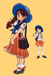 1girl adapted_costume black_footwear blue_headwear blue_shirt blush braid breast_pocket brown_eyes brown_hair camiinoa collared_shirt commentary english_commentary floating_hair game_freak hair_behind_ear head_tilt highres holding holding_poke_ball juliana_(pokemon) long_hair looking_at_viewer nintendo orange_shorts orange_skirt pocket poke_ball poke_ball_(basic) pokemon pokemon_sv reference_inset sailor_collar shirt shorts skirt smile socks solo_focus striped_clothes striped_shorts striped_socks vertical-striped_clothes vertical-striped_shorts yellow_background