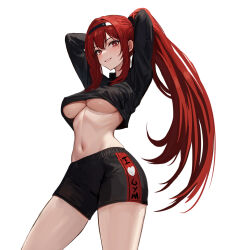 1girl arms_behind_head black_hairband black_shorts breasts cropped_shirt hairband haruyuki_(karem) highres large_breasts long_hair long_sleeves looking_at_viewer mixed-language_commentary mole mole_on_breast mole_under_eye navel ponytail punishing:_gray_raven red_eyes red_hair short_shorts shorts sidelocks smile solo underboob vera:_garnet_(pgr) vera_(pgr) very_long_hair white_background yinlin_(wuthering_waves)