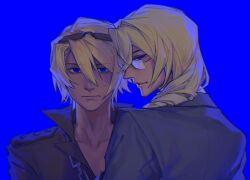 2boys ace_attorney apollo_justice:_ace_attorney black_jacket blonde_hair blue_background blue_eyes blue_suit blue_theme brothers chain chain_necklace collarbone dark-skinned_male dark_skin drill_hair eyewear_on_head formal_clothes hair_between_eyes highres jacket jewelry klavier_gavin kristoph_gavin long_hair looking_back male_focus multiple_boys necklace official_alternate_costume official_alternate_hair_length official_alternate_hairstyle popped_collar semi-rimless_eyewear short_hair siblings side_drill simple_background suit sunglasses sweat watermark ziland603