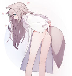 1girl absurdres animal_ears apron ass blue_eyes bottomless dog_ears dog_girl dog_tail expressionless grey_hair highres kappougi leaning_forward light_brown_hair long_hair long_sleeves looking_at_viewer naked_apron original puffy_long_sleeves puffy_sleeves riya_(01214) simple_background tail tying_apron white_background