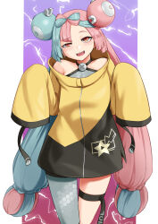 1girl aqua_hair asymmetrical_bangs baketsuya bare_shoulders bow-shaped_hair character_hair_ornament commentary cowboy_shot hair_ornament hexagon_print highres iono_(pokemon) jacket lightning_background long_hair looking_at_viewer low_twintails multicolored_hair nintendo open_mouth pink_hair pokemon pokemon_sv raised_eyebrow red_eyes sharp_teeth single_leg_pantyhose sleeves_past_fingers sleeves_past_wrists smile smirk solo teeth thigh_strap twintails two-tone_hair very_long_hair yellow_jacket