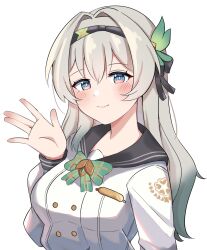 1girl black_hairband black_ribbon black_sailor_collar blush bow bowtie buttons checkered_bow checkered_bowtie checkered_clothes closed_mouth collared_shirt double-breasted erushira firefly_(honkai:_star_rail) firefly_(spring_missive)_(honkai:_star_rail) gradient_eyes gradient_hair green_bow green_bowtie green_pupils grey_hair hair_between_eyes hair_intakes hair_ornament hair_ribbon hairband highres honkai:_star_rail honkai_(series) multicolored_eyes multicolored_hair ribbon sailor_collar shirt simple_background smile solo two-tone_eyes waving_arm white_background white_shirt