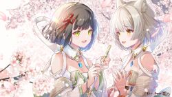 Rule 34 | 2girls, animal ears, bare shoulders, black hair, cat ears, cat girl, character request, cherry blossoms, chest jewel, flute, green eyes, grey hair, highres, holding, holding flute, holding instrument, instrument, mio (xenoblade), multiple girls, petals, ui frara, upper body, xenoblade chronicles (series), xenoblade chronicles 3, yellow eyes