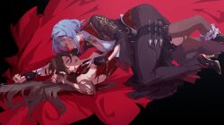 2girls absurdres aged_up black_gloves black_nails black_pants black_pantyhose blue_hair commentary crmnlmlfhntr english_commentary frills gloves grey_hair griseo griseo_(cosmic_expression) high_heels highres holding holding_another&#039;s_wrist holding_knife honkai_(series) honkai_impact_3rd knife long_hair multiple_girls pants pantyhose pinned red_eyes shirt straddling vita_(honkai_impact) white_shirt