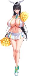 1girl :d absurdres animal_ear_hairband animal_ears aqua_necktie arm_at_side arm_up black_hair blunt_bangs breasts cheering cheerleader chichizaki_momina cleavage crop_top derauea fake_animal_ears full_body game_cg hairband high_ponytail highres holding holding_pom_poms huge_breasts light_blush long_hair looking_at_viewer midriff miniskirt motto!_haramase!_honoo_no_oppai_isekai_oppai_bunny_gakuen! navel necktie non-web_source nontraditional_playboy_bunny official_art open_mouth pleated_skirt pom_pom_(cheerleading) pom_poms ponytail ponytail_with_braided_base purple_eyes rabbit_ear_hairband rabbit_ears shoes sidelocks skindentation skirt smile sneakers solo standing star_(symbol) star_in_eye symbol_in_eye tachi-e tall_female thong transparent_background white_hairband white_skirt
