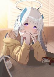 blue_archive coffee grey_hair halo headgear highres jacket long_hair looking_at_viewer mechanical_halo mikishiro noa_(blue_archive) purple_eyes seminar_(blue_archive) table white_hair white_halo
