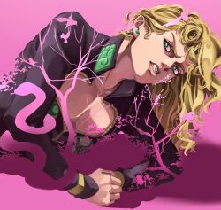 Rule 34 | 1boy, bird, bishounen, black jacket, blonde hair, cleavage cutout, clenched teeth, clothing cutout, collared jacket, double exposure, earrings, frog, giorno giovanna, green eyes, hair down, hand on floor, highres, jacket, jewelry, jojo no kimyou na bouken, ladybug ornament, male focus, pink background, shadow, snake, teeth, togusa jj, tree, vento aureo, victory rolls