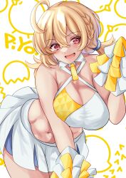 1girl absurdres ahoge blonde_hair blue_archive blush braid breasts cheerleader cleavage commentary_request cowboy_shot criss-cross_halter hair_between_eyes halterneck highres hisagi_(hisagi00) holding holding_pom_poms kotori_(blue_archive) kotori_(cheer_squad)_(blue_archive) large_breasts leaning_forward looking_at_viewer low_twintails medium_hair navel open_mouth pink_eyes pom_pom_(cheerleading) pom_poms skirt smile solo tank_top twintails white_background white_skirt white_tank_top