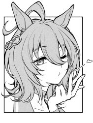 1girl agnes_tachyon_(umamusume) ahoge animal_ears blowing-kiss border choker earrings greyscale heart horse_ears horse_girl huge_ahoge jewelry monochrome one_eye_closed shirin_(tsukimiyagura) single_earring solo umamusume upper_body white_border