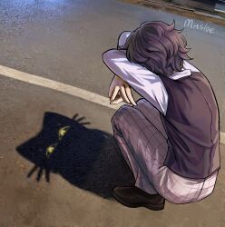 1boy artist_name black_hair black_shoes black_vest cat_shadow_puppet_(meme) commentary daan_(fear_&amp;_hunger) eyes_in_shadow fear_&amp;_hunger_(series) fear_&amp;_hunger_2:_termina full_body grey_pants highres long_sleeves male_focus meme pants photo_background road sakimitsloe shadow shirt shoes solo squatting vest white_shirt yellow_eyes