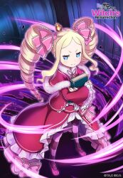 1girl artist_request beatrice_(re:zero) blonde_hair blue_eyes book bow butterfly-shaped_pupils capelet closed_mouth copyright_name copyright_notice crown dress dress_bow drill_hair frilled_dress frills from_above fur-trimmed_capelet fur_trim hair_bow high-low_dress highres holding holding_book hugging_book hugging_object jitome light_blush long_dress long_hair long_sidelocks long_sleeves looking_at_viewer looking_up magic mary_janes mini_crown official_art parted_bangs pink_bow pink_capelet pink_dress pink_pupils pink_shoes purple_thighhighs re:zero_kara_hajimeru_isekai_seikatsu re:zero_kara_hajimeru_isekai_seikatsu_witch&#039;s_re:surrection shoes sidelocks smile solo striped_clothes striped_thighhighs symbol-shaped_pupils thighhighs twin_drills v-shaped_eyebrows very_long_hair