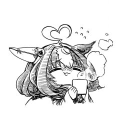 1girl ahoge animal_ears chibi closed_eyes cup ear_covers ears_down flying_sweatdrops heart heart_ahoge highres holding holding_cup horse_ears mame_nabe_donko meisho_doto_(umamusume) open_mouth raised_eyebrows scarf short_hair single_ear_cover smile solo steam umamusume