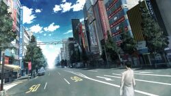1boy ad akihabara_(tokyo) black_hair blue_sky building car city cloud cloudy_sky coat from_behind game_cg green_slippers highres huke lab_coat long_sleeves looking_afar male_focus messy_hair motor_vehicle multi-lane_road official_art okabe_rintarou outdoors ringed_eyes road scenery sky slippers solo space_invaders square_pupils standing steins;gate street tree white_coat