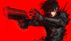 Rule 34 | 1boy, aiming, black bodysuit, black hair, blame!, bodysuit, energy gun, flashing, graviton beam emitter, gun, hands up, highres, holding, holding gun, holding weapon, killy, kyezzzz, male focus, red background, red light, red theme, serious, solo, upper body, weapon