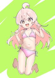 1girl absurdres ahoge armpit_crease bare_shoulders bikini breasts bright_pupils brown_eyes cameltoe dot_nose full_body green_background groin hair_between_eyes halterneck hands_up highres long_hair looking_at_viewer midair navel onii-chan_wa_oshimai! open_mouth oyama_mahiro pink_bikini pink_hair shintikku side-tie_bikini_bottom sidelocks simple_background small_breasts smile solo straight_hair swimsuit tareme teeth two-tone_background upper_teeth_only very_long_hair w_arms white_background white_pupils