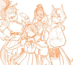 Rule 34 | 1other, 4girls, animal ears, belt, carrot, commentary, dark-skinned female, dark skin, dolphin shorts, english commentary, food in mouth, freckles, hand in pocket, holding medal, horse ears, horse girl, horse race tests, horse tail, jovial merryment, looking at viewer, mir (miryumiya), multicolored hair, multiple girls, multiple persona, one eye closed, open mouth, orange theme, pleated skirt, school uniform, shorts, simple background, skirt, streaked hair, sweat, tail, tracen school uniform