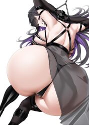 1girl absurdres arms_up ass ass_focus back black_gloves black_hair black_panties black_thighhighs bound bound_wrists breasts chain colored_inner_hair commentary elbow_gloves gloves goddess_of_victory:_nikke grin highres huge_ass huge_breasts leather_bikini long_hair looking_at_viewer looking_back mihara_(bonding_chain)_(nikke) mihara_(nikke) multicolored_hair official_alternate_costume official_alternate_design panties pelvic_curtain purple_eyes purple_hair see-through_clothes see-through_pelvic_curtain simple_background skindentation smile solo tewaki thighhighs thighs underwear white_background