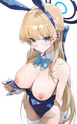 1girl absurdres animal_ear_hairband animal_ears blonde_hair blue_archive blue_bow blue_bowtie blue_eyes blue_halo blue_leotard blue_nails blush bow bowtie braid breasts breasts_out closed_mouth commentary_request detached_collar earpiece earrings fake_animal_ears fake_tail fingernails hair_bow hairband half_up_braid halo highleg highleg_leotard highres jewelry large_breasts leotard long_hair looking_at_viewer nail_polish nipples official_alternate_costume playboy_bunny rabbit_ears rabbit_tail simple_background solo strapless strapless_leotard stud_earrings tail thighhighs toi1et_paper toki_(blue_archive) toki_(bunny)_(blue_archive) undersized_breast_cup white_background white_thighhighs white_wrist_cuffs wrist_cuffs