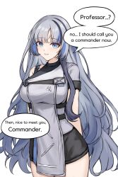 1girl alternate_costume arms_behind_back black_shorts blue_hair commentary elmo_dormitory_outfit english_commentary english_text girls&#039;_frontline girls&#039;_frontline_2:_exilium girls&#039;_frontline_neural_cloud gongbangmanchi_(daisy_cutter) grey_hair highres hubble_(neural_cloud) looking_at_viewer multicolored_hair open_mouth shorts simple_background solo speech_bubble streaked_hair white_background white_mouth