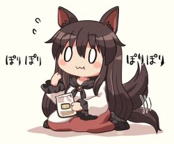 0_0 1girl animal_ear_fluff animal_ears blush_stickers brown_hair chewing closed_mouth commentary_request dress flying_sweatdrops food frilled_dress frilled_sleeves frills full_body hair_between_eyes hand_up holding holding_food imaizumi_kagerou long_hair long_sleeves motion_lines red_brooch red_dress rokugou_daisuke signature simple_background solo tail tail_wagging touhou translation_request two-tone_dress white_background white_dress wolf_ears wolf_girl wolf_tail