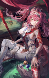 1girl absurdres armor bare_shoulders black_bow boots bow breastplate breasts can collar commentary_request crossed_legs drink_can hair_between_eyes hair_bow hair_ornament hairband headgear highres holding holding_can large_breasts long_hair looking_at_viewer lupa_(wuthering_waves) metal_collar metal_hairband multiple_hair_bows parted_lips partial_commentary pink_hair polearm pool_table red_sash sash signature sitting smile solo table tacet_mark_(wuthering_waves) tail thigh_boots twintails vea_(v_ea_) weapon white_bodystocking white_boots wolf_tail wrist_guards wuthering_waves yellow_eyes