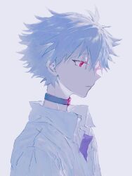 1boy black_choker choker collared_shirt fishcoooo from_side hair_between_eyes highres male_focus nagisa_kaworu neon_genesis_evangelion purple_shirt red_eyes shirt simple_background undershirt upper_body white_background white_shirt