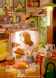 1girl arm_support artist_name blush bowl bread brown_hair butter cabinet ceiling_light chair checkered_tablecloth chopsticks coffee_mug commentary cooking_pot cup cutting_board dial dishes doorway drying english_commentary fantasy faucet food ghost glass hanging_light hat highres indoors jar juice kitchen ladle lid long_hair magnet maple_syrup microwave mixed-language_commentary mug night nightcap noi_pulaco open_mouth orange_juice original oven pancake pancake_stack paper plant plate potted_plant pouring raised_eyebrows refrigerator refrigerator_magnet rug shelf sink sitting soap_bottle solo spatula spoon steam steaming_food stew sticky_note stove sweater table tablecloth tablet_pc teapot transparent wariza warm_colored white_sweater wide_shot window