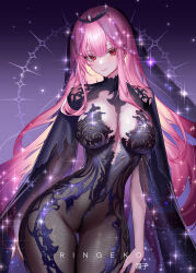 1girl absurdres alternate_costume artist_name black_dress black_veil breasts breasts_apart chronopattern_dress closed_mouth commentary cowboy_shot dress hair_between_eyes highres hololive hololive_english large_breasts light_smile long_hair looking_at_viewer meme_attire mori_calliope pink_hair purple_background red_eyes ringeko-chan solo thigh_gap veil very_long_hair virtual_youtuber