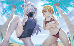 2girls bikini black_one-piece_swimsuit blue_eyes blue_sky breasts cloud colored_eyelashes commentary crossover day deux_murasame english_commentary from_above grey_hair gundam gundam_gquuuuuux gundam_zz highres in-franchise_crossover kneeling long_hair looking_at_viewer mask mouth_mask multiple_girls navel nekokyun one-piece_swimsuit orange_hair outdoors palm_tree purple_pupils puru_two red_bikini short_hair sky small_breasts swimsuit tree white_eyelashes white_hair
