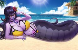 1girl absurdres adjusting_eyewear beach black-framed_eyewear black_hair bracelet breasts choker cleavage collarbone colored_skin colored_tongue day flower forked_tongue hair_flower hair_ornament highres huge_breasts indie_virtual_youtuber jewelry lamia long_hair long_tongue looking_at_viewer lying meltyvixen monster_girl navel ocean on_side open_mouth outdoors palm_tree pubic_tattoo purple_skin purple_tongue second-party_source smile solo sunglasses tattoo teeth tongue tongue_out tree upper_teeth_only vexoria_the_sun_eater virtual_youtuber wavy_hair yellow_eyes
