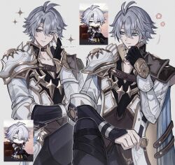 1boy antenna_hair armor black_choker black_gloves black_pants black_shirt blue_cape blue_eyes cape choker coat commentary_request crossed_legs fingerless_gloves gloves grey_background ham_mmx highres honkai:_star_rail honkai_(series) male_focus multiple_views pants pauldrons phainon_(honkai:_star_rail) photo_inset reference_inset shirt short_hair shoulder_armor simple_background single_glove single_pauldron thigh_strap twitter_username white_coat white_hair