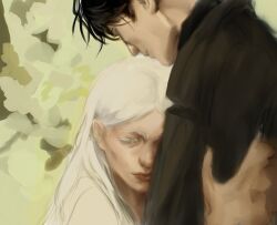 Rule 34 | 1boy, 1girl, black coat, black hair, closed eyes, coat, hand on another&#039;s arm, highres, hug, implied hetero, leaning on person, lee seolhwa, long hair, looking at another, macaronijail, omniscient reader&#039;s viewpoint, popped collar, short hair, upper body, white hair, yoo joonghyuk