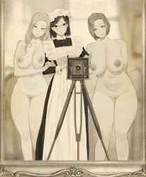 Rule 34 | 3girls, apron, arms behind back, black dress, breasts, camera, cleft of venus, closed mouth, clothed female nude female, completely nude, dress, edea (throtem), glass, grabbing another&#039;s arm, hat, highres, large breasts, long hair, long sleeves, looking at mirror, looking at viewer, maid, maid apron, maid headdress, medium hair, mirror, mob cap, monochrome, multiple girls, nipples, nora (throtem), nude, old-fashioned, original, photo (object), pussy, rosemary (throtem), smile, standing, throtem, yuri