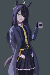 Rule 34 | 1girl, absurdres, ahoge, animal ears, animal print, arm behind back, belt, black belt, black coat, black gloves, black pantyhose, black shirt, black skirt, cat print, coat, collared shirt, cup, ear tag, earrings, eyes visible through hair, fwqh1208, gloves, green background, hair over one eye, hand up, highres, holding, holding cup, horse ears, horse girl, horse tail, jewelry, long bangs, long hair, looking at viewer, manhattan cafe (umamusume), mug, multicolored hair, necktie, open clothes, open coat, pantyhose, parted lips, pleated skirt, shirt, simple background, single earring, skirt, smile, solo, tail, umamusume, very long hair, white hair, yellow eyes, yellow necktie