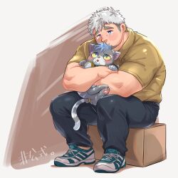 Rule 34 | another eidos-r, bara, black pants, blue eyes, blue hair, blush, cat, commentary request, company employee (another eidos), crying, crying with eyes open, facial hair, fat, goggles, highres, koginoro, male focus, pants, shirt, shoes, sneakers, tears, white hair