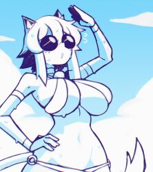 1girl absurdres animal_ear_fluff animal_ears bell bikini breasts cat_ears cat_girl cat_tail cloud doce female_focus freckles hair_between_eyes hand_on_own_hip hand_up highres jingle_bell o-ring o-ring_bikini original parted_lips short_hair sky solo sunglasses sweat swimsuit tail upper_body wristband xiao_(docecaedrus)