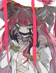 1girl baobhan_sith_(fate) baobhan_sith_(third_ascension)_(fate) bracelet breasts cross-laced_clothes cross-laced_dress detached_sleeves dress facial_mark fangs fate/grand_order fate_(series) frilled_hat frills gag hands_up hat highres hiyakamosirenai jewelry long_hair looking_at_viewer pink_hair pointy_ears solo spiked_bracelet spikes tears upper_body white_dress