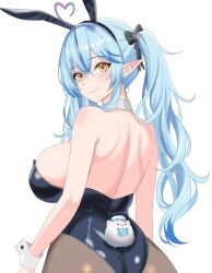1girl ahoge alternate_costume animal_ears ass backboob backless_outfit bare_shoulders black_leotard black_pantyhose blue_hair breasts elf fake_animal_ears from_behind heart heart_ahoge hololive large_breasts leotard long_hair pantyhose pink_hair pointy_ears rabbit_ears rijeka1918 simple_background solo solo_focus strapless strapless_leotard transparent_background twintails virtual_youtuber yellow_eyes yukihana_lamy yukimin_(yukihana_lamy)