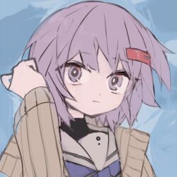 1girl a.i._voice abstract_background black_undershirt blue_background brown_cardigan cardigan closed_mouth commentary_request expressionless hair_ornament hairclip hand_up light_blush long_sleeves looking_at_viewer mochisiku portrait purple_eyes purple_hair sailor_collar shirt short_hair solo tucking_hair turtleneck turtleneck_shirt voiceroid white_sailor_collar yuzuki_yukari yuzuki_yukari_(shizuku)