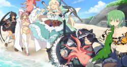 5girls animal animal_ears animal_hood apron bare_shoulders beach black_cape black_dress black_shirt blonde_hair blue_sky blunt_bangs blush boots breasts brown_boots brown_gloves brown_hair brown_shoes cape cat_ears cat_hood cat_tail cleavage cleavage_cutout clenched_hand closed_eyes clothing_cutout curly_hair dark-skinned_female dark_skin dress earrings eating eyepatch fang fingerless_gloves game_cg garter_straps gloves green_dress green_eyes green_hair green_hat grey_jacket hair_ornament hair_ribbon hair_tie hairclip haruka_(senran_kagura) hat highres hikage_(senran_kagura) holding holding_animal holding_stick homura_(senran_kagura) hood indian_style jacket jewelry large_breasts long_hair looking_at_viewer medium_hair mirai_(senran_kagura) multiple_girls navel non-web_source octopus official_art one_eye_closed open_mouth orange_shirt outdoors panties pink_ribbon pink_shirt pink_shoes ponytail puffy_sleeves ribbon seaweed senran_kagura senran_kagura_estival_versus shirt shoes short_hair sitting sky slit_pupils smile socks stick strapless swept_bangs tail tan tattoo tearing_up thighhighs tongue tongue_out tube_top underboob underwear water white_apron white_background white_panties white_socks white_thighhighs yaegashi_nan yellow_eyes yomi_(senran_kagura)