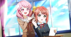 2girls :d :o absurdres alternate_hairstyle bang_dream! black_jacket blush bow brown_dress buttons collared_shirt commentary crossover day dress english_commentary green_eyes hair_bow hair_ornament hairclip hanasakigawa_school_uniform highres holding holding_another&#039;s_hair holding_paper indoors jacket long_sleeves love_live! love_live!_nijigasaki_high_school_idol_club maruyama_aya medium_hair multiple_girls neck_ribbon nijigasaki_school_uniform open_mouth paper pink_eyes pink_hair ponytail red_ribbon ribbon sailor_collar sailor_dress satou_yuzuki school_uniform shirt sidelocks signature smile uehara_ayumu upper_body white_sailor_collar white_shirt window winter_uniform yellow_bow
